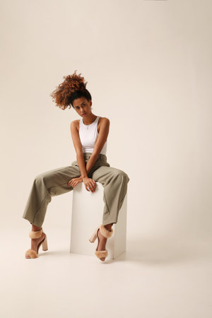 Young and beauty. African American young woman with curly hair. Mock-up.の写真素材