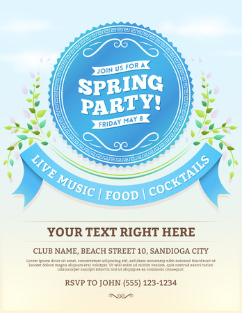 Vector spring party invitation with blue ribbons and summer leaves on a bright blue sky. Copy space at the bottom.のイラスト素材