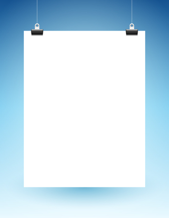 Blank page haning on strings. Blue background. Vector format.のイラスト素材