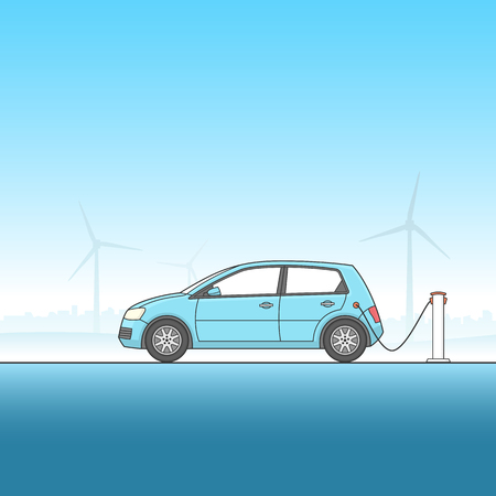 Electric car connected to a charging pole. Wind turbines in the background.のイラスト素材