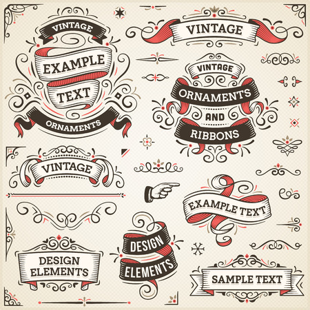 Large set of vintage vector ornaments and ribbons. The fonts are called Arvo, Bebas Neue, Bitter and Cubano.