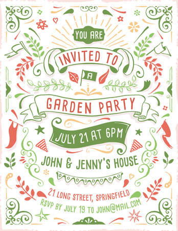 Hand drawn summer party invitation template with ribbons, flowers and ornaments. Just add your own text.のイラスト素材