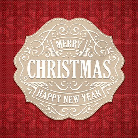 Christmas and new year's greeting with a cardboard label with white text and ornaments. Knitted red christmas pattern in the background.のイラスト素材