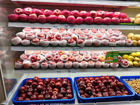 Manokwari, west papua, indonesia - August 12, 2023 : several kinds of fruit in the market window for saleのeditorial素材