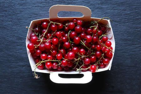 Photography of red currants in a paper tray on a slate for food backgroundの写真素材