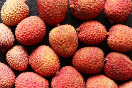 Photograph of many litchies also called lychees for food backgroundの写真素材