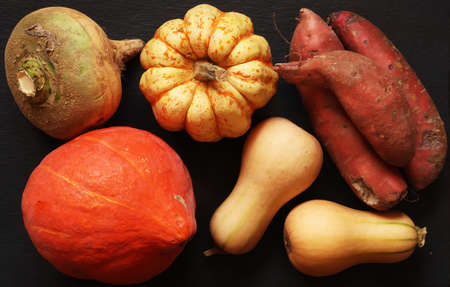 Photography of a mix of fall vegetables on slate for food illustrationsの写真素材