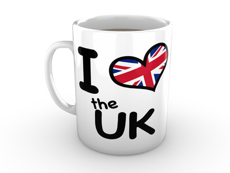 White Mug isolated against a white background. Mug is printed with the words "I Love the UK" and features a Flag of the UK in a heartの写真素材