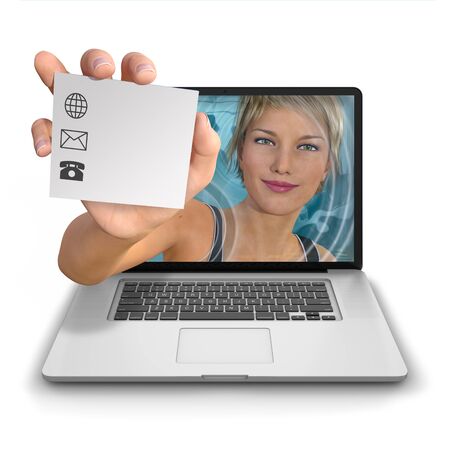 Young woman's hand reach out from inside a laptop computer holding a contact card with a logo with space for adding contact details, web address, email and phone number.の写真素材
