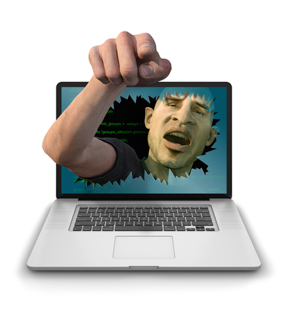 Internet Troll, Hacker or Cyber Criminal smashing through a laptop screen and menacingly pointing at the user and laughing. Photorealistic 3D render isolated against a clean white backgroundの写真素材