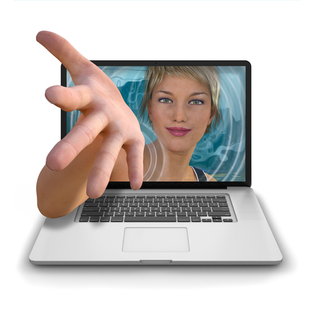Young woman's hand reach out from inside a laptop computer with an outstrectched hand offering assistance or help. Photorealistic 3D rendered image isolated against a pure white backgroundの写真素材