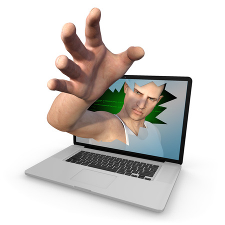 Cyber criminal reaches out of laptop screen with outstretched open to grab whatever he can. Isolated against a clean white background - Photorealistic 3D renderの写真素材