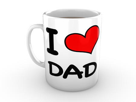White Mug isolated against a white background. Mug is printed with the words "I Love dad" and features a big red heartの写真素材