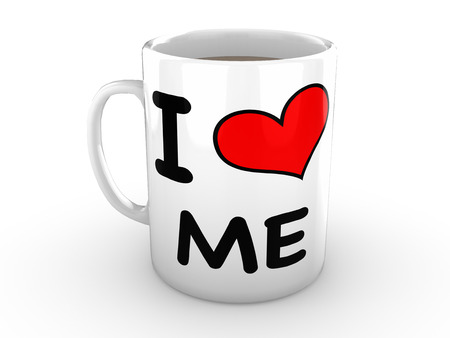 White Mug isolated against a white background. Mug is printed with the words "I Love Me" and features a big red heart"の写真素材
