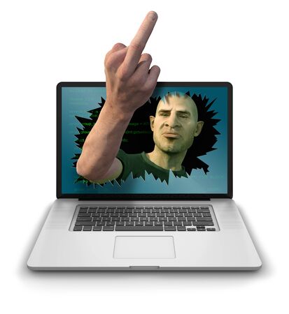 Internet Troll, Hacker or Cyber Criminal smashing through laptop screen and mockingly abusing the user by giving 'The Finger' gesture. Photorealistic 3D render isolated against a clean white backgroundの写真素材