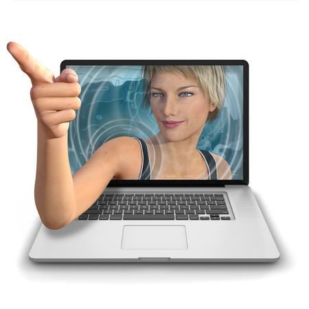 Young woman's hand reach out from inside a laptop computer and points outside of the image towards any area of choice. Photorealistic 3D rendered image isolated against a pure white backgroundの写真素材