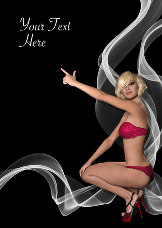 Leaflet, poster or flyer with 3d rendered photorealistic girl pointing at copyspaceの写真素材