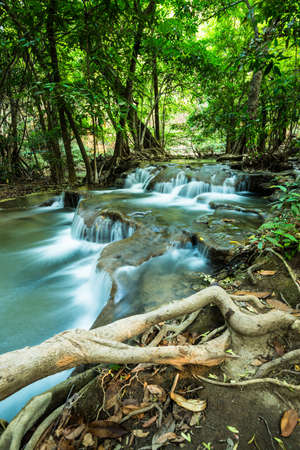 Huay Mae Kamin Waterfall in green forest, Kanchanaburi, Thailandの写真素材
