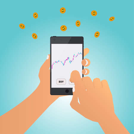 A man investment on the stock market via smart phone, vector illustration.のイラスト素材