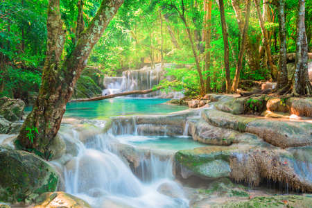 Beautiful waterfall in tropical forest, Thailandの写真素材