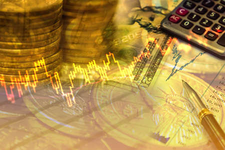 Double exposure of close up on the money coins and banknote with stock graph