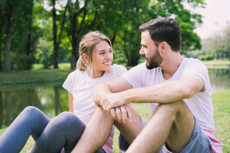 Lovers enjoy each other in the park.の写真素材