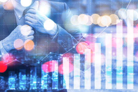 Double exposure of a man prepare for invest in stock market or fund, manager and businessの写真素材