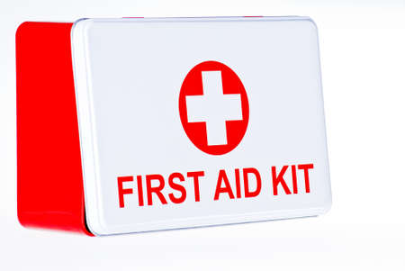First aid kit box over white backgroundの写真素材