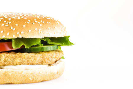 Chicken burger with tomato cucumber lettuce and mayonnaise over whiteの写真素材