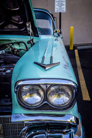 50s blue pontiac looking at the chrom trimのeditorial素材