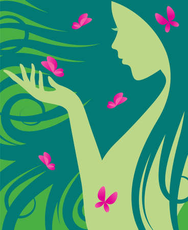 Silhouette of a woman with long curly hair playing with butterflies.のイラスト素材