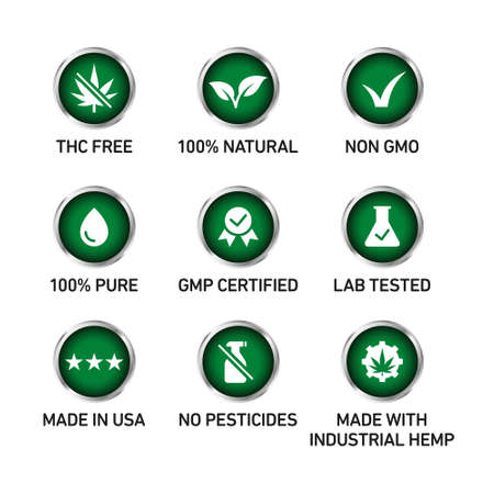 CBD oil icons set including THC free, 100% natural, non GMO, 100% pure, fluid, GMP certified, lab tested,  made in USA, no pesticides, made with industrial hemp - Vectorのイラスト素材