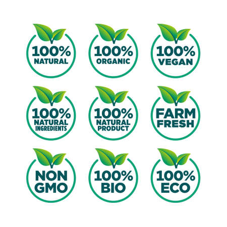 100% natural, organic, vegan, natural ingredients, natural product, farm fresh, eco, bio, gmo free icon setのイラスト素材