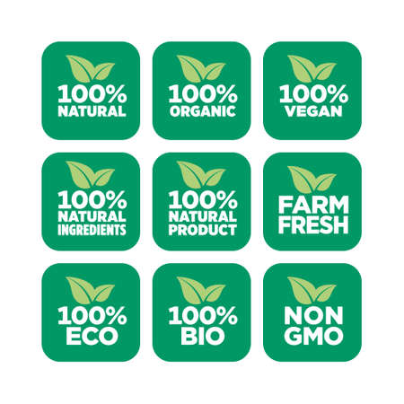 100% natural, organic, vegan, natural ingredients, natural product, farm fresh, eco, bio, gmo free icon setのイラスト素材