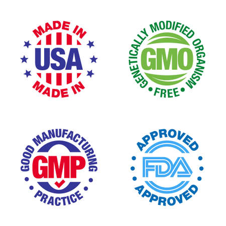 Four product badges, made in USA, GMO free, Good manufacturing practice, approvedのイラスト素材