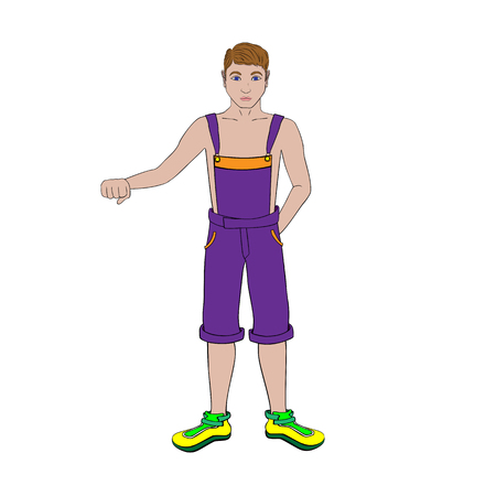 Guy in shorts and green sneakers on white backgroundのイラスト素材