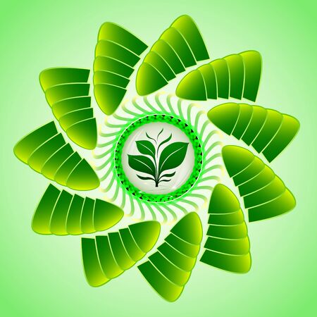 Emblem of a green sprout as a symbol of living nature in a transparent drop with abstract petals in a spiralのイラスト素材