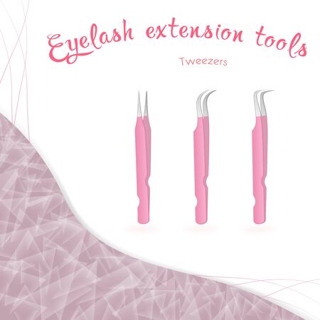 Straight, angled, rounded tweezers for working with eyelashes on a white backgroundのイラスト素材