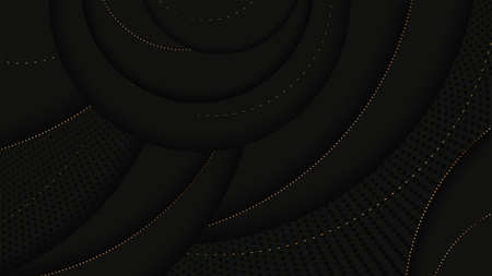 Dark round elements with gold outline on perforated graphite background
