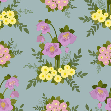 Seamless floral pattern of pink Hellebores and yellow and pink Primroses.のイラスト素材