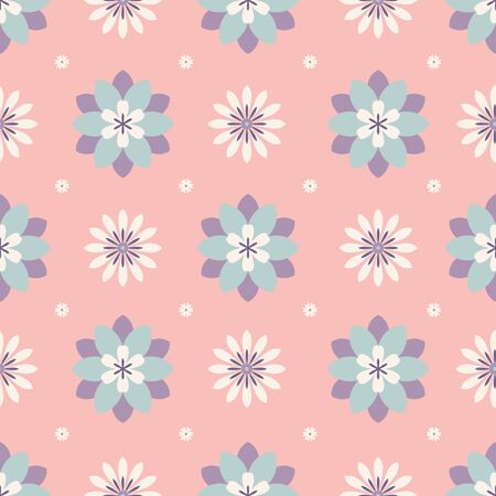 Seamless pattern of purple, blue and cream flowers on a pink background.のイラスト素材