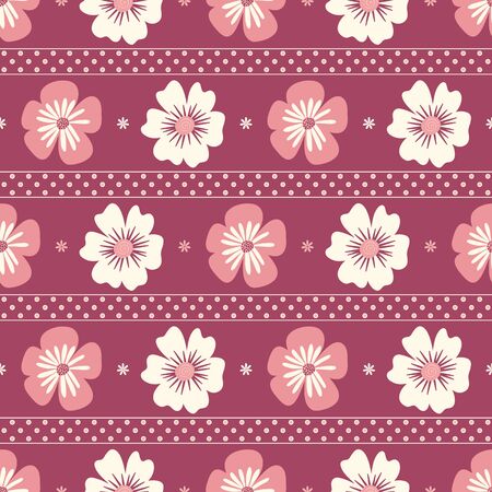Seamless striped pattern of flowers and polka dots on a dark pink background.のイラスト素材
