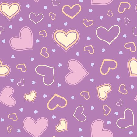 Seamless pattern of scattered pastel hearts on a dark pink background