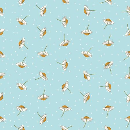 Seamless tossed pattern of small daisies on a blue polka dot background.のイラスト素材