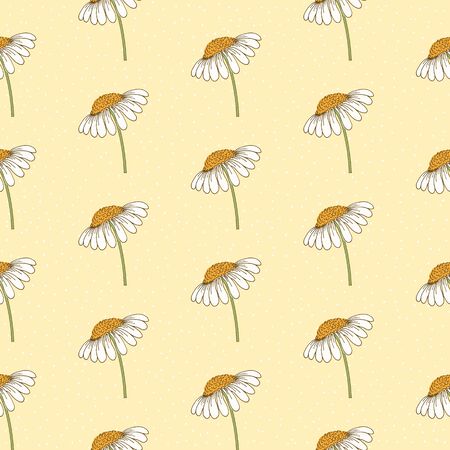Seamless pattern of side facing daisies on a yellow polka dot background.のイラスト素材