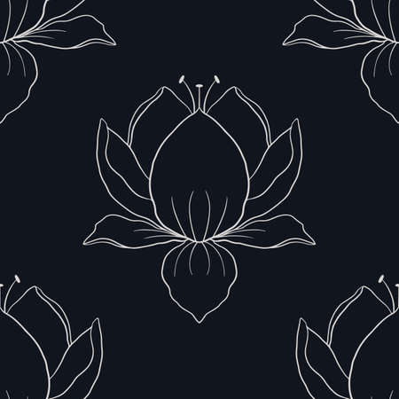 Seamless pattern of an off white floral large outline on a dark blue-black background.のイラスト素材