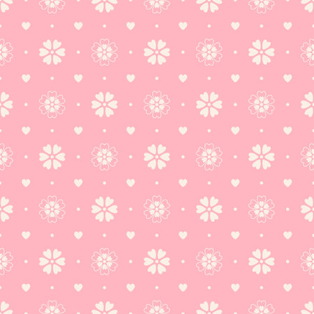Seamless pattern of cream heart shaped flowers and hearts on a pink background.のイラスト素材