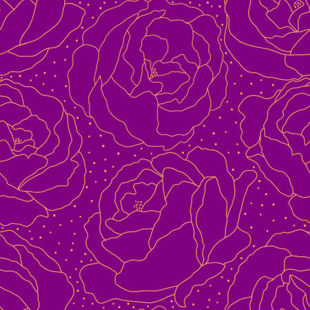 Seamless pattern of large gold rose outlines on a bright purple background.のイラスト素材
