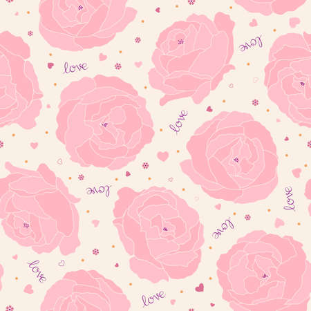 Seamless pattern of large pink roses surrounded by small hearts, love text, flowers and polka dots.のイラスト素材