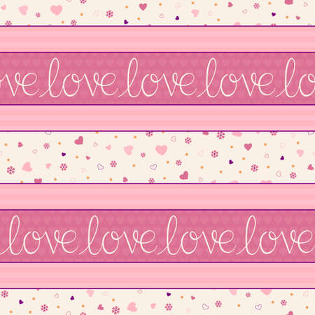 Seamless horizontal stripes of love text and scattered hearts and flowers.のイラスト素材
